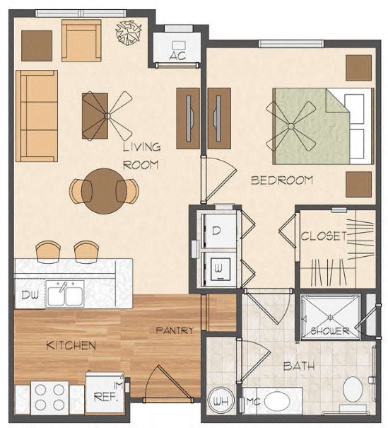 Floor plan for 1 bed, 1 bath, 635 sqft